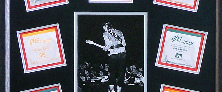 Custom Framed Stevie Ray Vaughan photo, guitar strings and pick